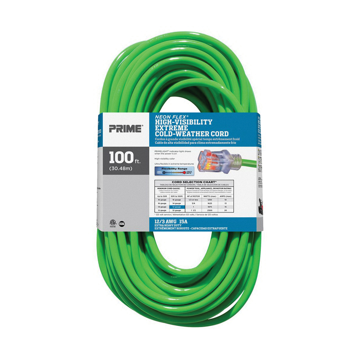 CORD EXT 125 V 15 A 1875 W 12/3AWG 100FT